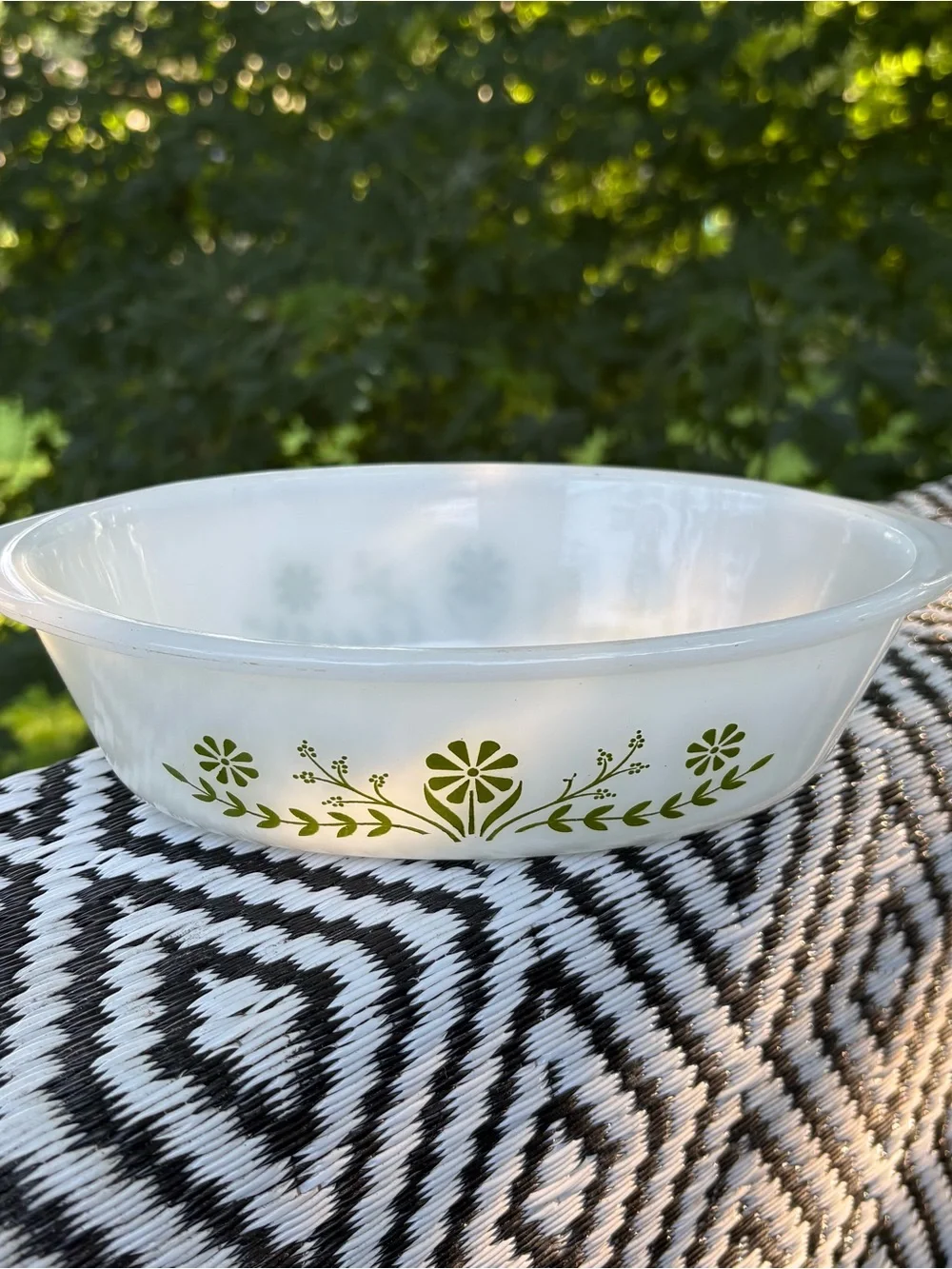 Vintage 1960’s Glasbake milk glass green daisy floral design dish-ware